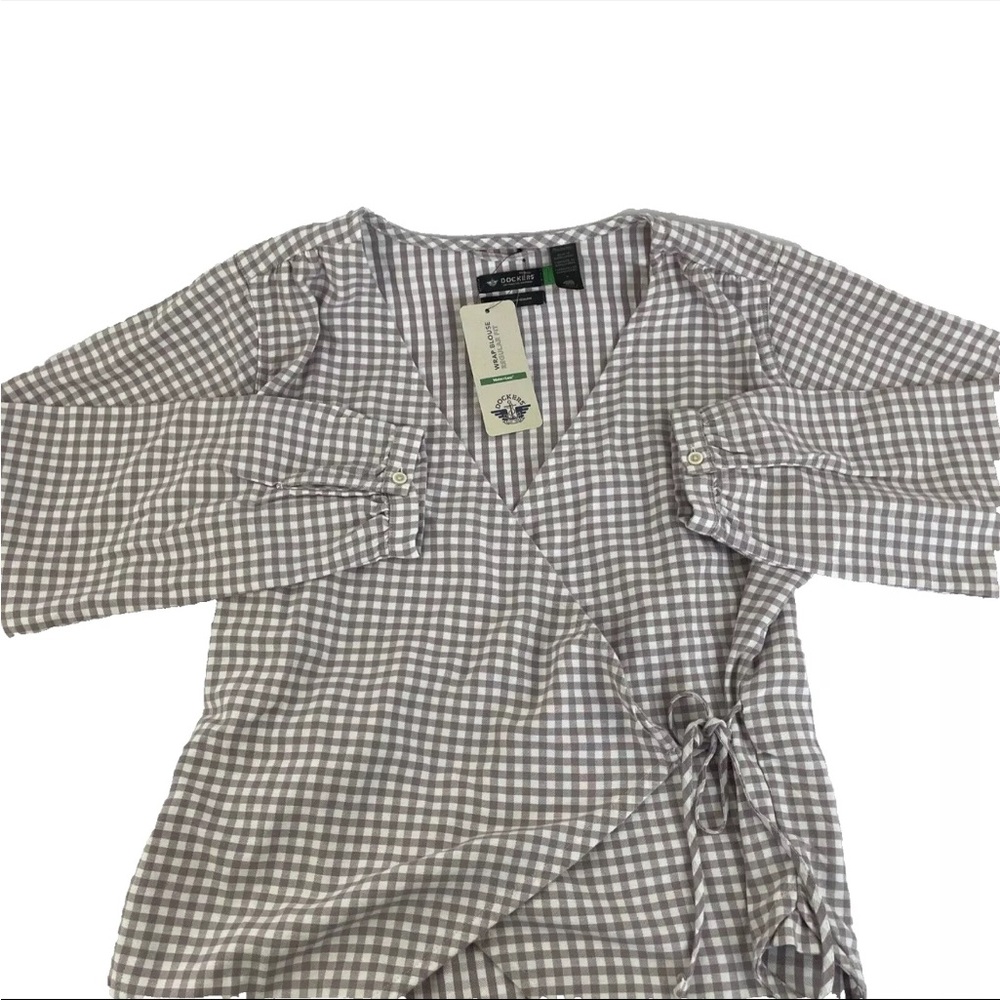 New! Dockers Taupe and White Gingham Wrap Blouse NWT Sz M Lyocell Cotton